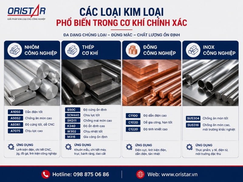 C&aacute;c loại kim loại phổ biến trong cơ kh&iacute; ch&iacute;nh x&aacute;c